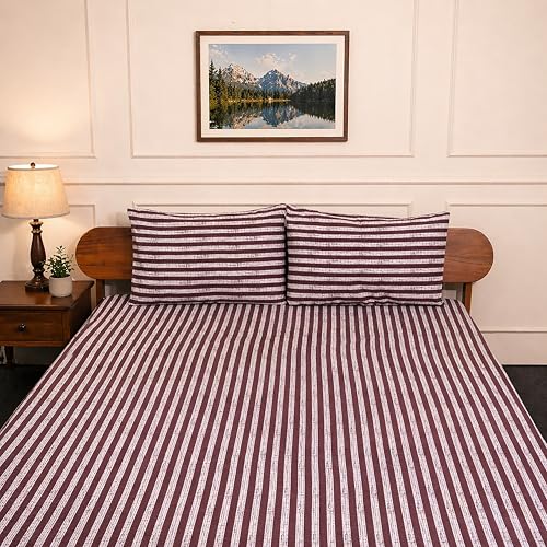 Image of Amazon Brand - Umi Cotton Fitted Bedsheet, Queen Size 78x60 Inches, Elastic Fit Bed Sheet, 10 Inch Deep Pocket, Soft Breathable Bedding, Durable Easy Care, with Pillow Cover-Marron Stripe
