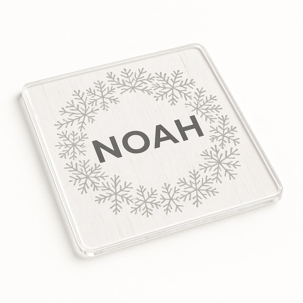 Personalised Acrylic Coaster Gift for Place Setting Christmas - Simple Skandi Design with Snowflake Motif - Elegant Home Decor