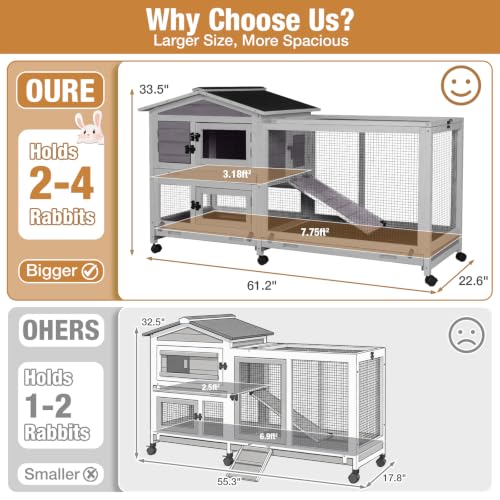Bunny Cage Indoor and Outdoor Rabbit Hutch with Casters Waterproof Roof, Pull Out Tray from Back and Front 61.2" L x 22.6" W x 33.5" H - Image 3