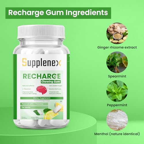 Image of Caffeine Energy Gum with L-Theanine for Focus, Memory & Alertness | Sugar Free Chewing Gum | Mint Flavor | 30 Gums