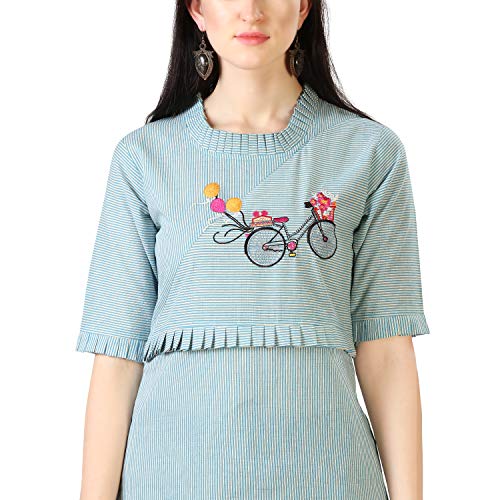 Image of EthnicJunction Women's Pinstripe Cotton Blend Cycle Embroidery with Ruffle Lace Work Straight Kurti