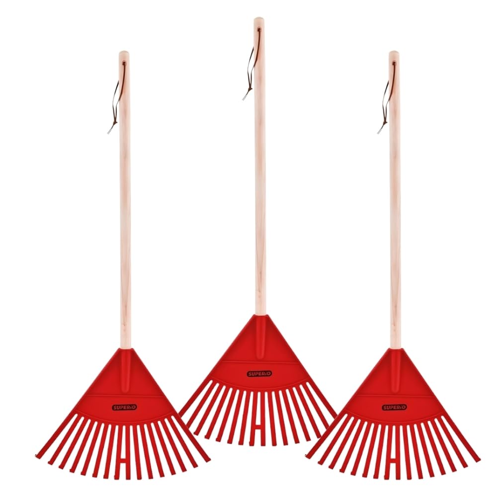 Superio Kids Leaf Rake, 34-Inch Lawn &amp; Garden Rake with Hardwood Handle and Durable Plastic Head, Leaf Cleanup Tool, Red 3 Pack
