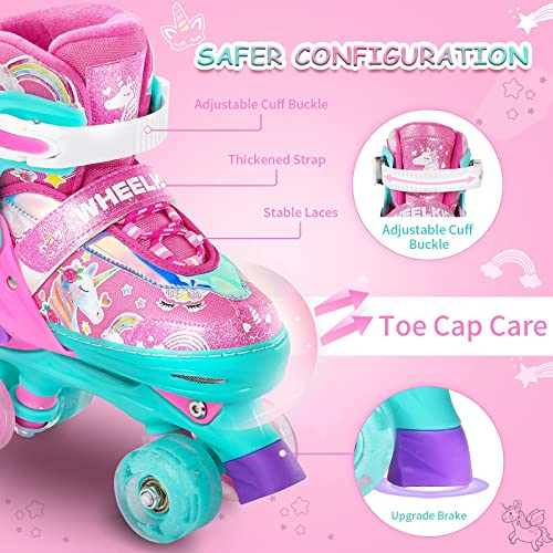 Wheelkids Roller Skates For Toddler Baby Kids Girls Ages 4-5, Pink Unicorn Adjustable Rollerskates Toddlers Beginners 4 Sizes With Light Up Wheels #TOP1