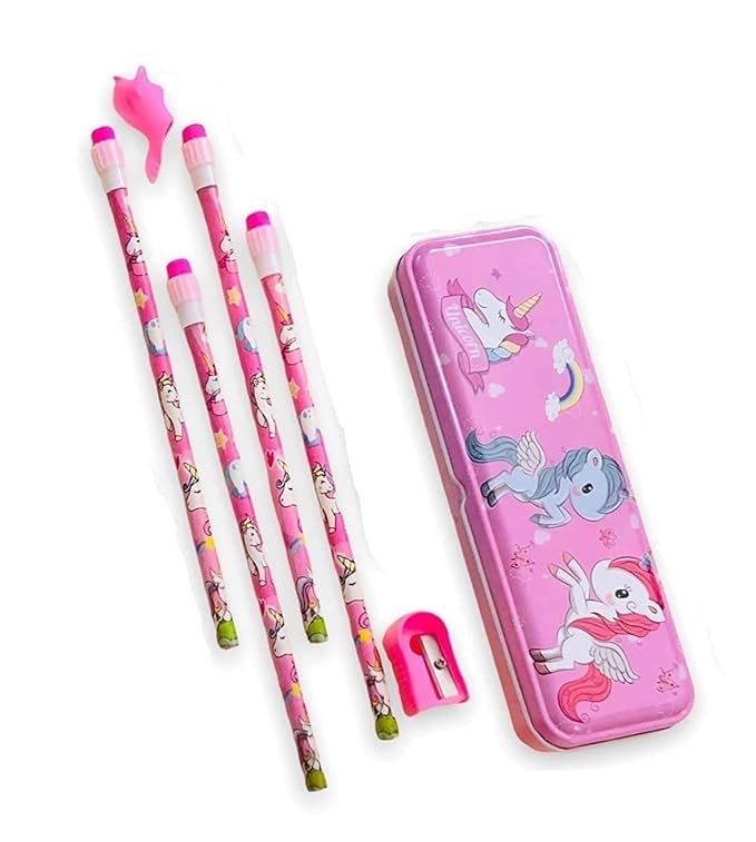 Image of Kidox Stationery Set for Kids- Birthday Gift for Girls, Boys - Metal Geometry Box for Girls & Boys Kids Pencil Box Set, Pencil Case Set, Pencil, Erasers, Sharpener for Children (Unicorn)