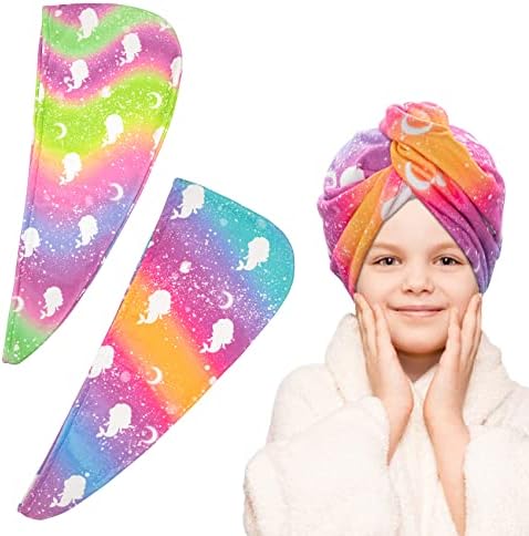 2 Pack Hair Towel Wraps for Kids Girls, Microfiber Hair Towel Mermaid Rapid Drying Towel with Button for Hair Turbans for Wet Hair Head Towels Wrap Twisty Anti Frizz Towel for Kids Women Girls