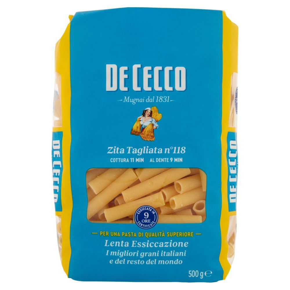 De Cecco Zita Tagliata n°118, pasta de trigo duro 24 x 500 g - secado lento ~9 h, textura firme - cocción 11 min (al diente 9 min) - Fabricado en Italia + Italian Gourmet Polpa 400 g