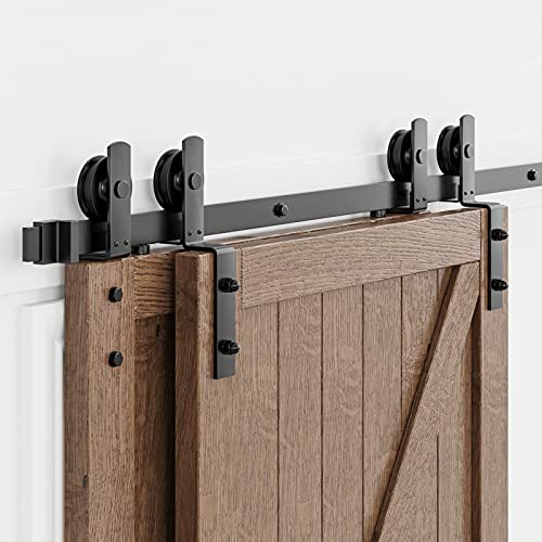 homlux 6ft Bypass Sliding Barn Door Hardware Kit for Double Doors, Upgraded Single Track, Easy to Install & Reusable, Smoothly & Quietly - Fit 1 3/8-1 3/4
