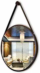 Espelho Adnet 33cm Redondo Decorativo Com Alça Couro Costurado Completo Preto Qualidade Premium.