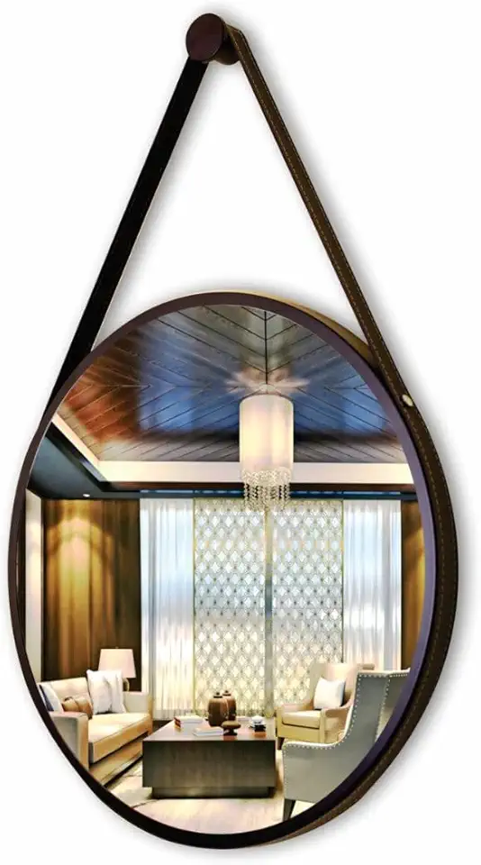 Espelho Adnet 33cm Redondo Decorativo Com Alça Couro Costurado Completo Preto Qualidade Premium.