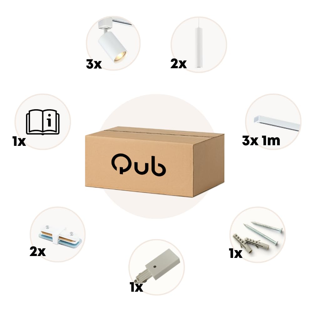 Qub Focus III 1-Phasen Led Schienensystem Komplettset - 300cm - Set 3 Spots und 2 Pendelleuchten - 3x 1m Licht Schienensystem - I-Form - GU10 & LED-Kompatibel - Erweiterbar & flexibel - Weiß
