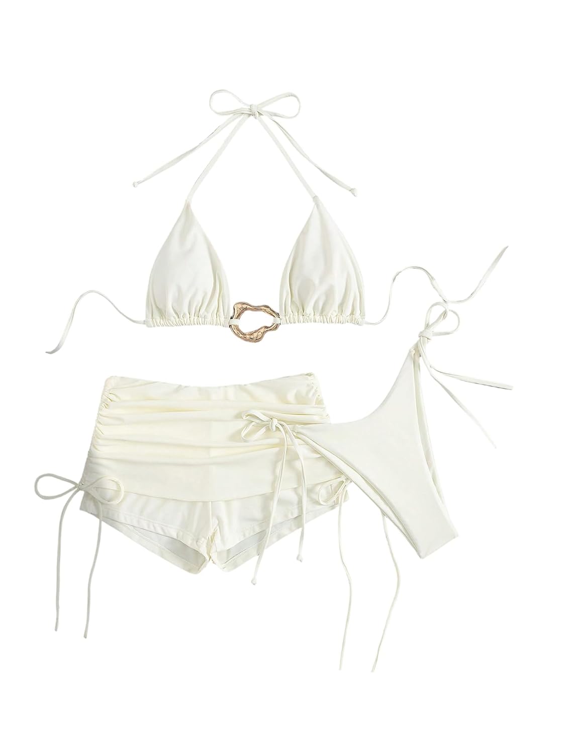 QJQ Womens 3 Piece Triangle String Bikini Set Halter Bow Swimsuits with Shorts Sexy Coverups Bathing Suits White