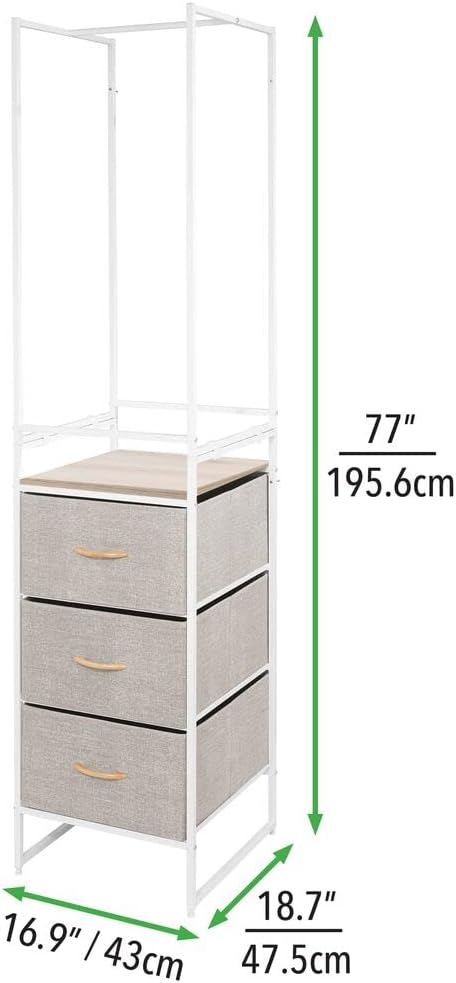 mDesign Modular Closet Organizer System Storage Unit, Sturdy Steel Frame, Fabric Bins/Garment Rack for Bedroom, Hallway, Entryway, Textured Print, 3 Drawers, Garment Rack - Linen/Natural