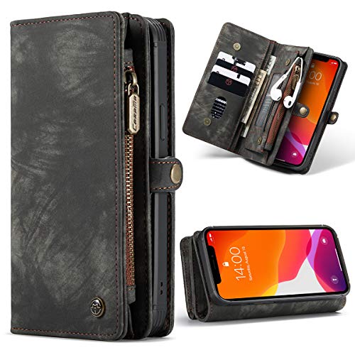 CaseMe Leder iPhone 12 hülle, iPhone 12 Pro Cover, Stark Magnetisch Flip Folio Lederhülle Wallet Handyhülle für iPhone 12/12 Pro Ständer Fall, 13 x Kreditkarte Slots, 2 in 1 zurück hülle (Schwarz) Cover