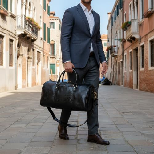 Image of Genuine Leather Premium Travel Duffel Bag Luggage for Sports Gym Stylish 35 Liter Tour Bag for Men and Women-Carry on 20 Inch Weekender Luggage Overnight Bags for Men, Medium (Black, Medium)