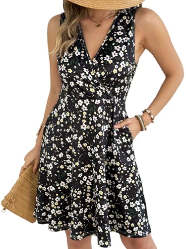 HEBELD Casual Sleeveless Summer Dresses for Women, Black Floral, Medium