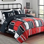 ARTALL Microfiber 2 Pieces Comforter Set Black Gray Red Plaid Pattern Lightweight Bedding Set, Twin Size with 1 Sham