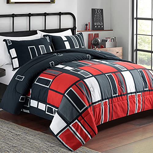 Artall Microfiber 2 Pieces Comforter Set Black Gray Red Plaid Pattern Lightweight Bedding Set, Twin Size With 1 Sham #TOP1