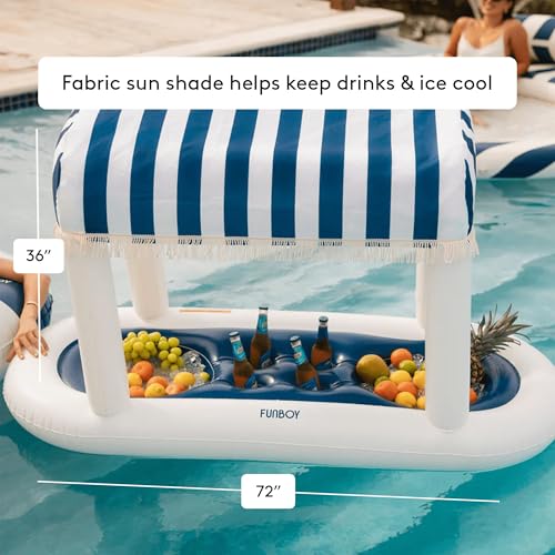 FUNBOY Giant Floating Navy Cabana Stripe Drink Station, Removable Fabric Shade with Fringe, Perfect for Parties, Table-Top Decorations and in-Pool Refreshments.