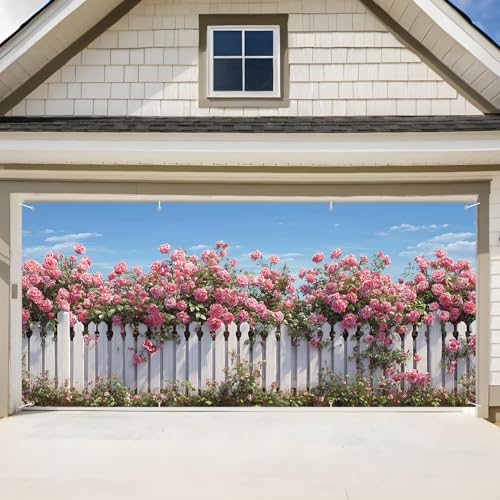 Rose Garden Garage Door Banner 6x13FT, Pink Roses and White Fence Garage Door Cover, Large Outdoor Floral Decoration for Garage Doors, Garden Fence & Spring Summer Party Backdrop