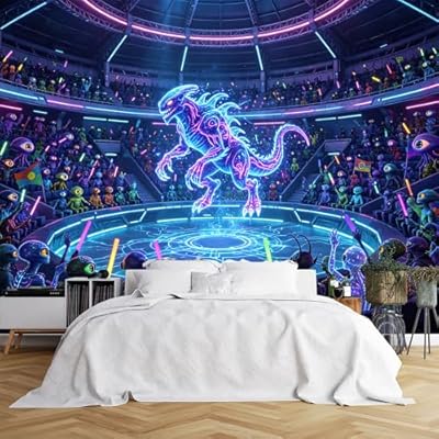 Murales de pared de tamaño personalizado, arena alienígena de neón con lucha de monstruos y espectadores, murales de pared de escena de acción de ciencia ficción, papel tapiz autoadhesivo vívido | Ya disponible en tu tienda friki favorita! En mundofriki.es!