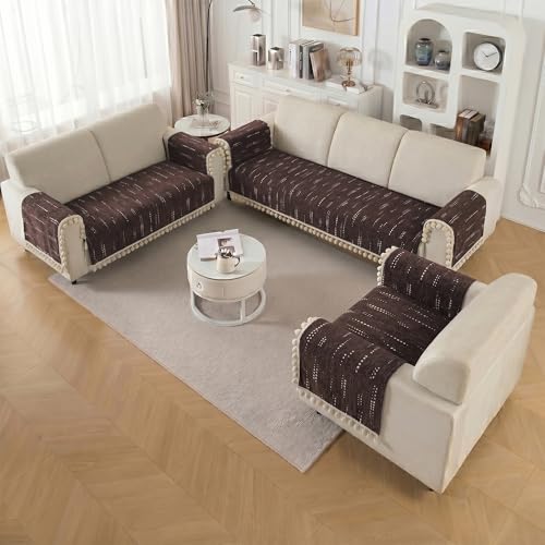 Image of Story@Home Chenille Sofa Mat 76x178Cm & Arm Rest Covers | Anti Slip 3 Seater Sofa Cover for 1 /2 /3 Seater & L Shape Sofa Cover | Measure Your Sofa & Create Your Own Custom Set - Mocha & Ivory