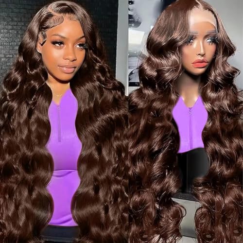 Jewhaut 13x6 Chocolate Brown Lace Front Wig Human Hair HD Transparent Body Wave Lace Front Wigs Human Hair Pre Plucked 200% Density Glueless Frontal Brown Wig Human Hair 32 Inch