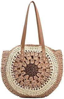 شنطة كتف نسائية صيفية دائرية من القش، شنطة قش منسوجة يدويًا ذات سعة كبيرة للشاطئ، شنطة أساسية من نسيج محبوك لمستلزمات الشاطئ الصيفية للنساء