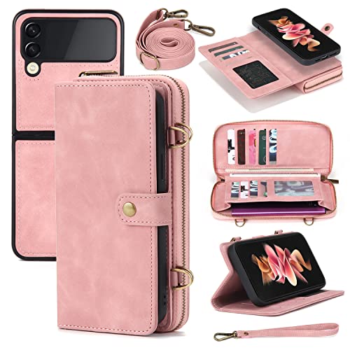 TianYaOutDoor Compatible with Samsung Galaxy Z Flip 4 Wallet Crossbody Case with 12 Card Holder Zipper Pocket 2 in 1 Magnetic Detachable Folio Flip Wallet Case for Women Girls (Pink)