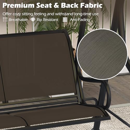 Image of Tangkula 3 Person Porch Swing, Patio Swing with Adjustable Canopy, Heavy-Duty Metal Frame & Breathable Seat, Outdoor Metal Swing for Backyard, Poolside, Balcony, Garden, 1000 lbs Max Load (Brown)