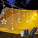 V-Dank LED ソーラー イルミネーション ライト 星 月 ストリングライト カーテンライト ツララ 屋外 屋内 138電球 3.5m 13種類モード リモコン付 タイマー機能 防水 電飾 クリスマス 飾り ライト 自動点灯 消灯 ハロウィン パーティー 新年 祝日 結婚式 庭対応(ウォームホワイト)