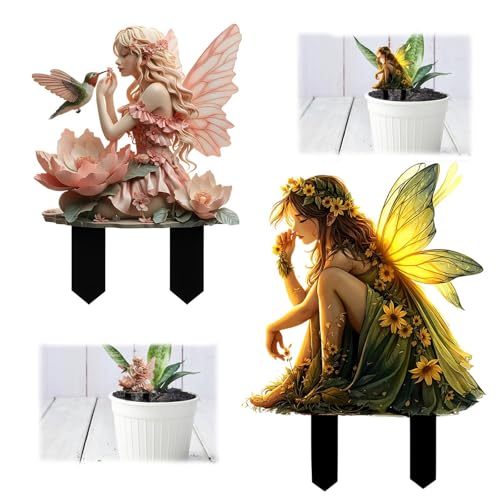 LMJOPYQ 2Stück Elfen Figuren Garten Deko Draußen Figuren Feen Garten für Außenbereich Zwei Gartenelfen in Rosa und Grün Dekorative Feenfiguren für Gärten 2D