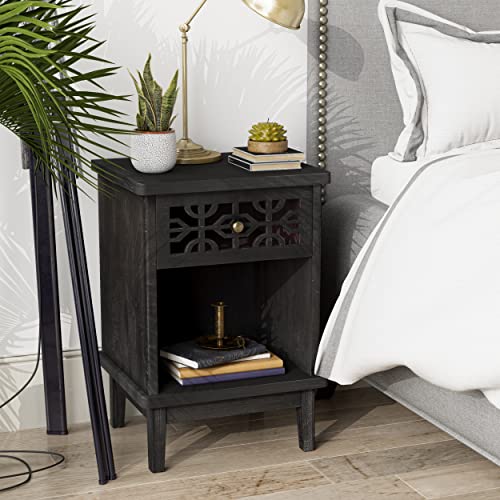 COZAYH Retro Rustic Nightstand Solid Fir End Table Side Table with Hand Carved Front and Open Shelf for Boho, French Country, Farmhouse Style, Distressed Black