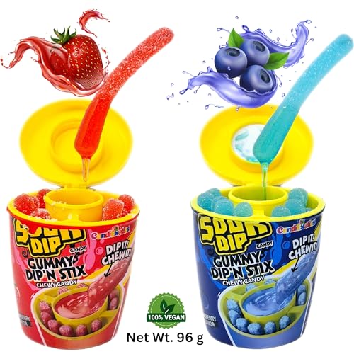 Image of CandiExotics Sour Juicy Dip Gummy Candy Dip'N Stix Sweet & Sour Chewy Candy For Kids, Strawberry Flavor, Perfect For Parties & Treats, 96 Grams