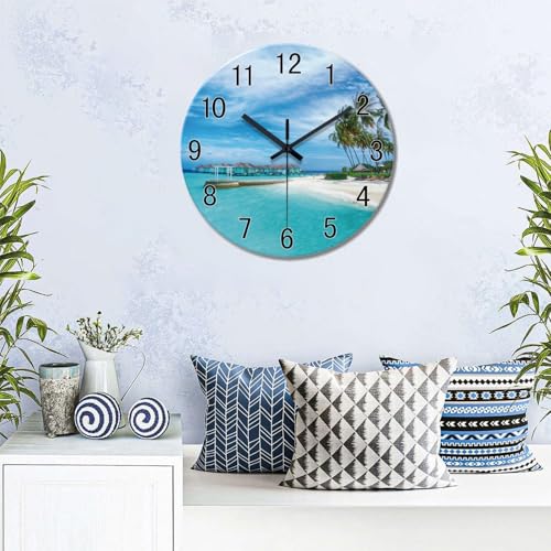 Image of XFM Blue Beach Wall Clock 16 Inch Silent Coastal Nautical | Non-Ticking Battery Operated Modern Glass Decorative for Living Room Kitchen Bedroom Office