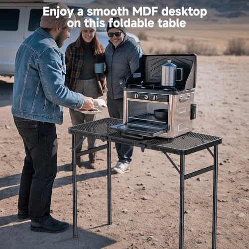 Image of Folding Camping Table, 34.2 inchx15.7 inch Picnic Table, 3 Adjust Height | 3-Fold Mesh Black Aluminum, Handle for Party Dining Garden Patio, Max 27.5 inch Folding Table
