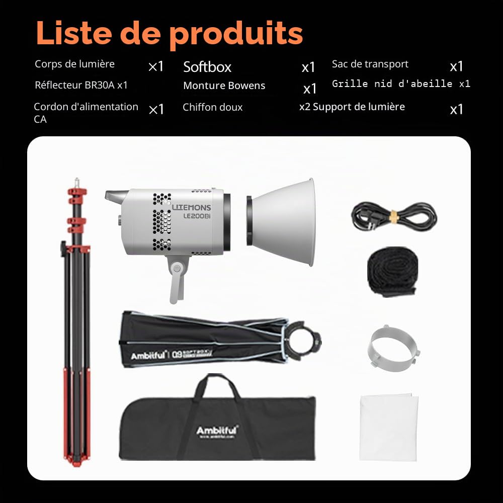 GODOX LE200Bi Kit d'éclairage vidéo LED COB Bicolore 220 W avec 90 cm boîte à lumière à Fixation Rapide, Pied de 280 cm, 2800 K-6500 K, CRI 98+, Bluetooth/DMX pour Studio, réalisation de vidéos You