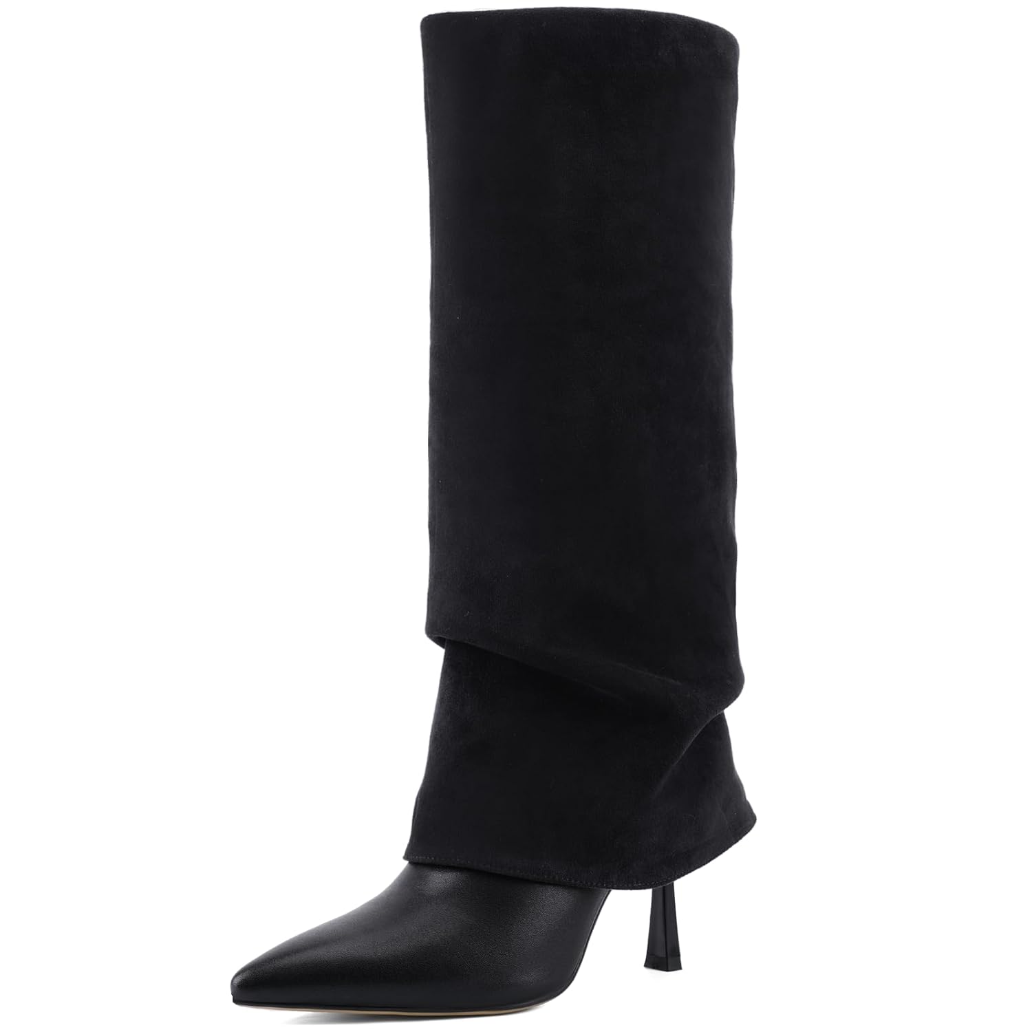 Ladies Relaxed-Style Turn-Up Over-the-Knee Boots High-Heeled Pointed-Toe Sensual Stiletto Boots Slip-On Knee-High Boots Winter Footwear
