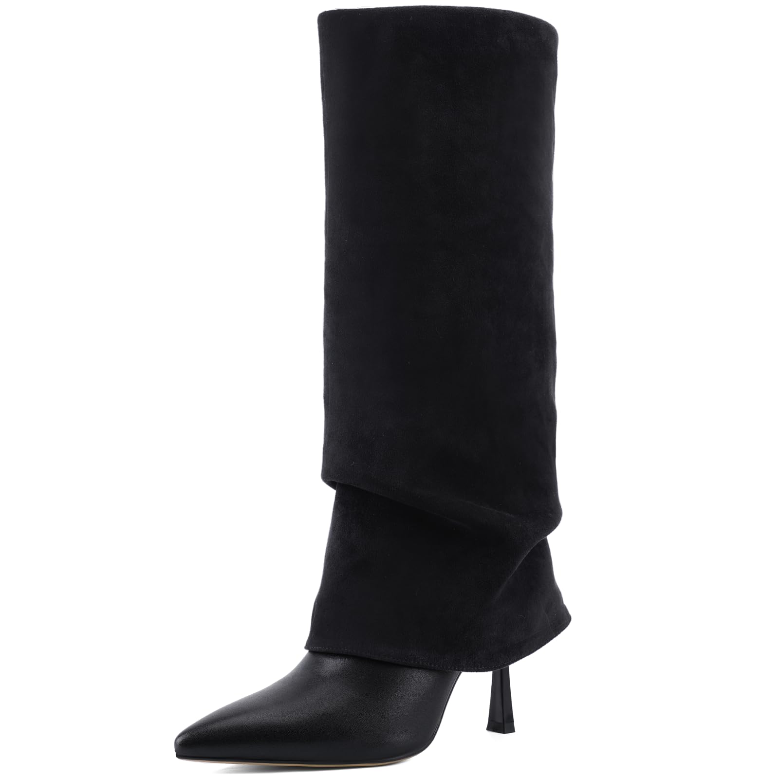 Ladies Relaxed-Style Turn-Up Over-the-Knee Boots High-Heeled Pointed-Toe Sensual Stiletto Boots Slip-On Knee-High Boots Winter Footwear