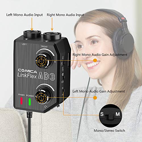 Comica LINKFLEX AD3 Microphone Amplifier Adapter XLR/3.5mm/6.35mm-3.5mm Microphone Preamp Adapter with 2-channels 48V Phantom Power Mixer for iPhone iPad Android Smartphones,Camcorders,DSLR Cameras