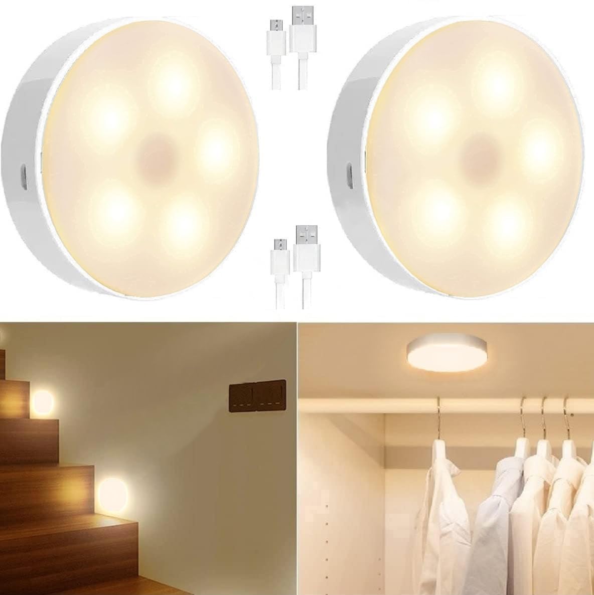 VIAXANA Motion Sensor Light for Home with USB Charging Wireless Self Adhesive LED Body Induction Lamp Sensor Light for Wardrobe Lights Sensor Night Light for Cupboard Stair (Round - Warm White, 2)-image-14