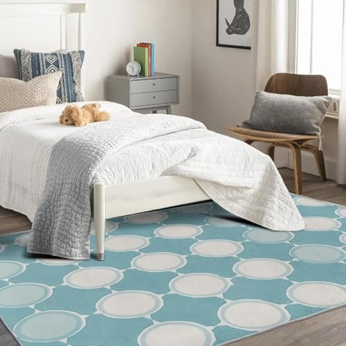 Tapis lavable bleu clair géométrique et antidérapant 200x200 cm