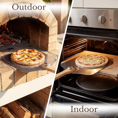 Image of Chicago Brick Oven Aluminum Pizza Peel 12 inch x 14 inch with Foldable Wooden Handle, 25 inch Long Turning Spatula, Pizza Paddle, Pizza Spatula Paddle, Aluminum Metal Pizza Peel 12 Inch, Pizza Accessories