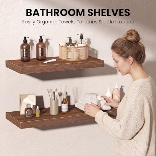 Image of Fun Memories Floating Shelves for Wall, 3 Pack 36 Inch Long Floating Shelves, 36 x 12 Wooden Shelves for Wall, Large Storage Shelves, Hanging Shelves for Bathroom Bedroom Kitchen, Walnut