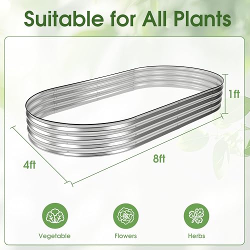 Image of NEWBULIG Galvanized Raised Garden Bed Outdoor, 8x4x1ft Metal Planter Box for Vegetables Flowers Herbs, Heavy-Duty Oval Raised Flower Bed for Gardening, Open Bottom, Easy Assembly, Safe Edges