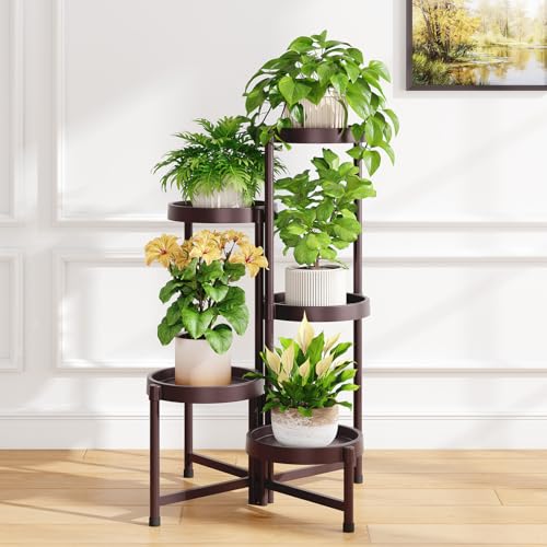 iDavosic.ly 5 Tier Folding Plant Stand Indoor Outdoor with Plastic Tray, Tiered Corner Flower Holder Shelf, Metal Orchid Display Rack for Patio Porch Living Room Garden Balcony, Bronze