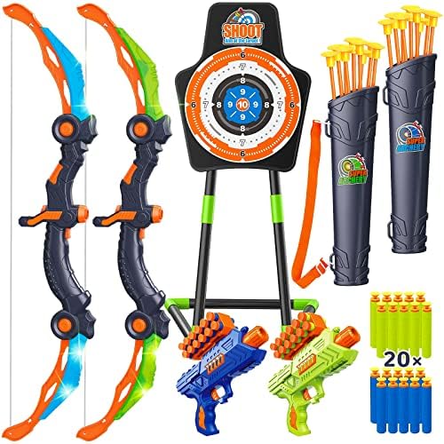 GMAOPHY 2 Pack Bow and Arrow for 5 6 7 8 9 10 11+ Year Old Boys, Birthday Gift for Kids, Indoor Outdoor Activity Toys, LED Light Up Archery Toy with 20 Suction Cup Arrows, Standing Target & 2 Quiver