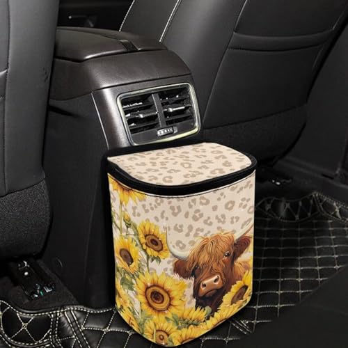 Image of Highland Cow Car Trash Can Hanging Mini Auto Garbage Bin with Lid Washable Leak Proof Automotive Car Rubbish Bags for Back Front Seat,Car Interior Accessory