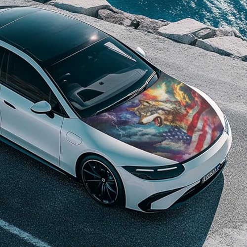 Image of Car Hood Cover 59x39 Inch Stretchable Wolf and American Flag Print Auto Hood Wraps Waterproof Auto Outdoor Decorations for Compact Sedans SUV Trucks Minivan