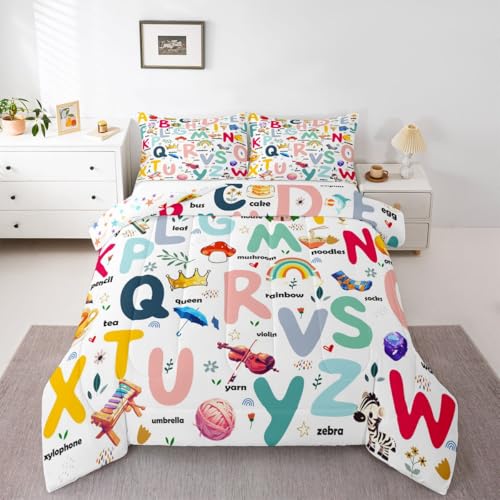 Image of Feelyou Cartoon Alphabet Comforter Set Twin, ABC Alphabet Bedding Set for Kids Cute Educational Alphabet Comforter Learning Educational Duvet Set 2Pcs