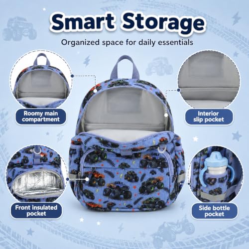 Image of LOIDOU Kids Backpack for Boys, 12 Inch Mini Bookbag with Insulated Pocket | Toddler Preschool Daycare Corduroy Small Travel Backpack with Chest Strap Ages 2-4, Blue Car